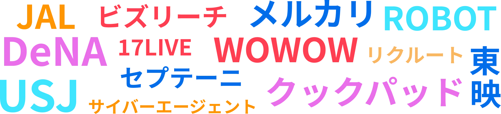 東映、WOWOW、クックパッド、リクルート、ROBOT、メルカリ、JAL、ビズリーチ、DeNA、USJ、17LIVE、サイバーエージェント、セプテーニ